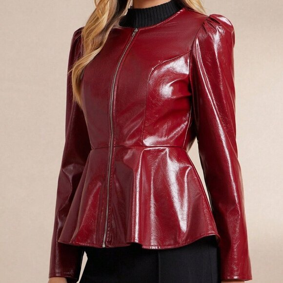 BURGUNDY FAUX LEATHER ZIP UP PUFF SLEEVE FLARED RUFFLED HEM JACKET - Picture 7 of 7